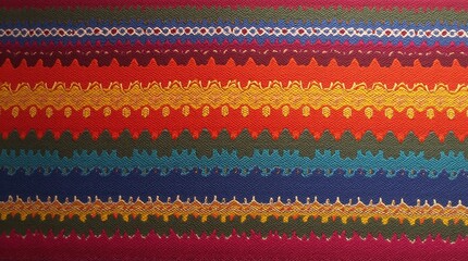 Colorful woven textile with intricate horizontal geometric and ethnic patterns in red, blue, yellow, and green tones