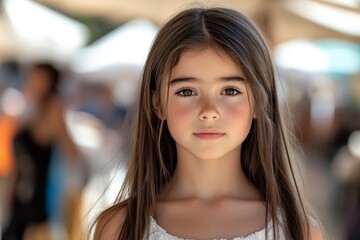 Young girl with long hair gazes thoughtfully at the camera in a vibrant marketplace during a sunny day