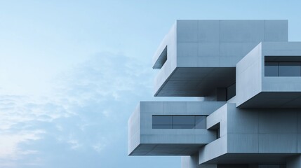 Obraz premium 3d rendering of a modern building with a blue sky and white clouds in the background. the building appears to be made of concrete and has multiple levels with multiple windows.