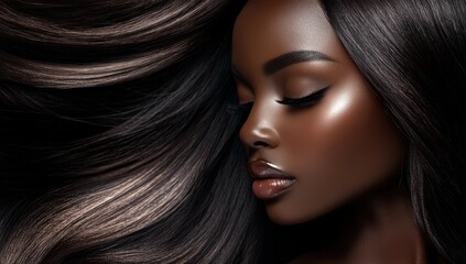 Obraz premium A close-up portrait of a beautiful black woman with long shiny hair and make-up . Haircare, beauty and cosmetics concept.