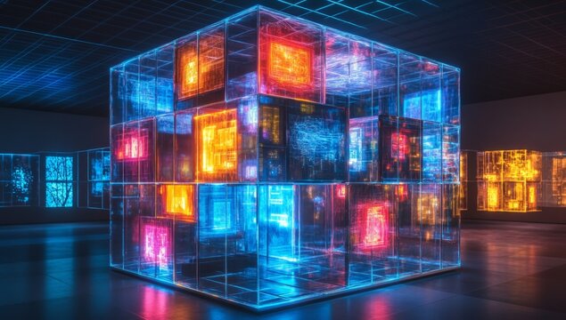 Data cube exhibit, glowing screens, gallery, digital art