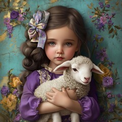 Innocence and Tenderness: A Young Girl's Affectionate Embrace of a Lamb, Surrounded by a Bouquet of Flowers