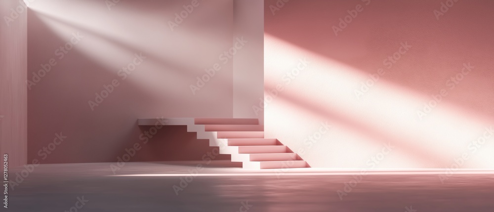 Poster empty room with a staircase in the center. the walls are painted in a soft pink color and the floor 