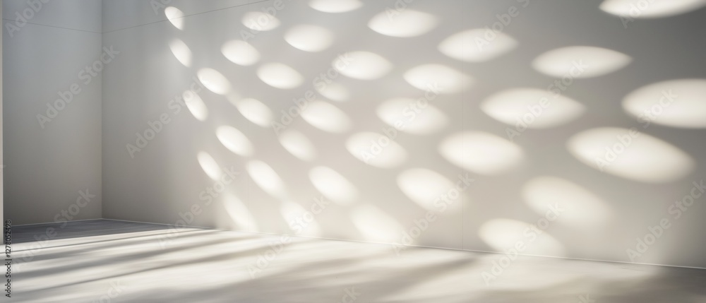 Poster empty room with a white wall and floor. the wall is covered in a pattern of small, circular holes th