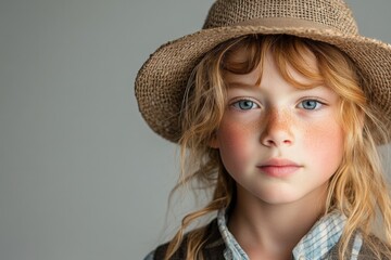 Young child with freckles and a straw hat looking thoughtfully at the camera indoors