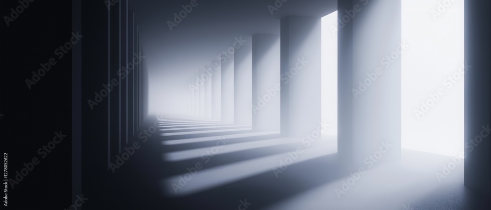 Poster empty room with a long corridor. the walls are made of white columns and the floor is made of concre
