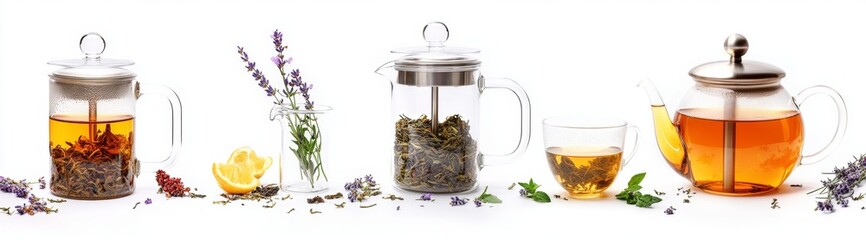Glass Teapots, Herbal Teas, White Background