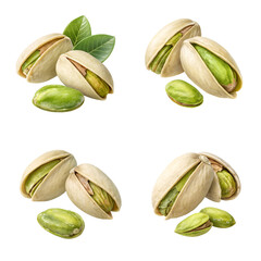 Pistachio with half slices, a Set of pistachios, and pistachio collections isolated