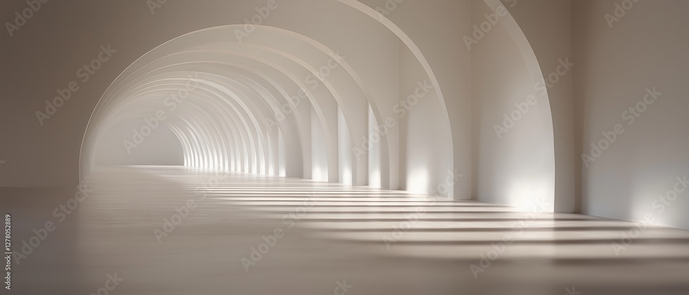 Poster empty room with a long, curved archway in the center. the archway is made up of multiple arches that