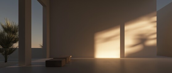 Empty room with a large window on the right side. the room has a concrete floor and walls, and there are two columns on the left side of the image.