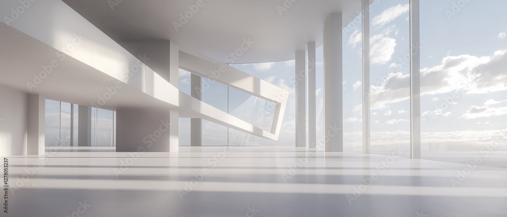 Poster empty room with a high ceiling and large windows that offer a beautiful view of the sky. the room ha