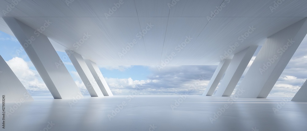 Aufkleber empty room with a view of the sky. the room has a white ceiling with a grid-like pattern, and the fl