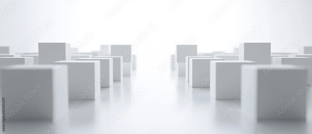Poster group of white cubes arranged in a straight line on a white surface. the cubes are all the same size