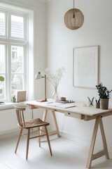 Fototapeta premium Bright White Scandinavian Office Space Featuring a Natural Wooden Desk for a Clean and Modern Aesthetic