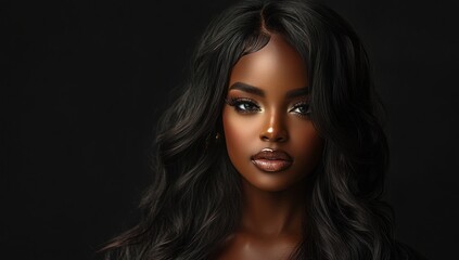Fototapeta premium A close-up portrait of a beautiful black woman with long shiny hair and make-up . Haircare, beauty and cosmetics concept.