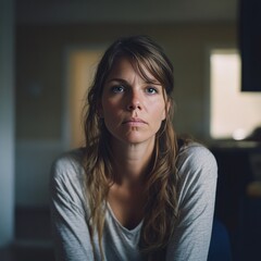 Portrait of a Woman with Blue Eyes, a neutral Expression, in a Natural Light Setting, showcasing her Inner strength and quiet contemplation.