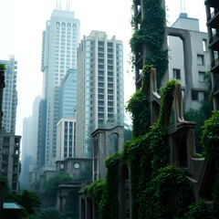Obraz premium A post-apocalyptic city overgrown with nature, where vines crawl up the ruins of skyscrapers. The scene is peaceful yet haunting, showing the power of time and nature reclaiming the world.