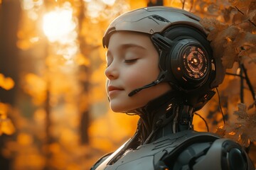 Robot child enjoying tranquility in a golden autumn forest during sunset