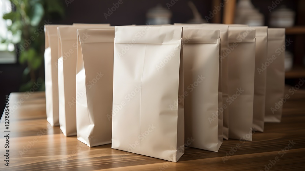 Poster close up view of neatly stacked biodegradable mailer bags made from cornstarch arranged in a simple 