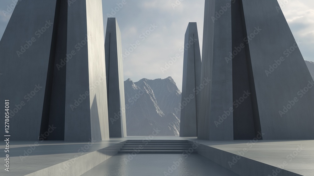 Poster 3d rendering of a futuristic landscape with a mountain range in the background. the sky is blue with
