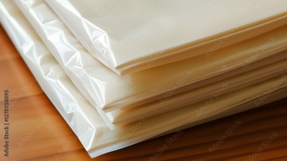 Poster close up of neatly stacked biodegradable mailer bags made from cornstarch arranged in a simple minim