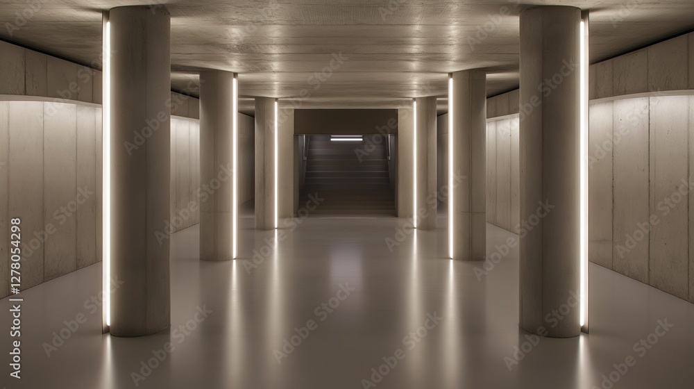 Poster long corridor with a high ceiling and concrete walls on both sides. the corridor is empty and the fl