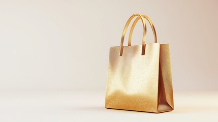 Elegant golden shopping bag placed against a white background in a high-quality 3D render