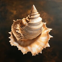 Obraz premium Spiral Symphony: A Detailed Study of a Seashell's Natural Geometry on a Dark Toned Canvas