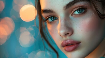 A close-up of a beautiful female model with perfect makeup, soft studio lighting, bokeh background, high-fashion photography, ultra-HD details, smooth skin, professional portrait