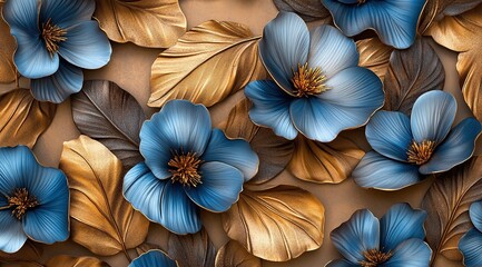 Blue and Gold Flowers: Elegant 3D Floral Design with Metallic Leaves, Luxurious Botanical Artwork, Stunning Nature Inspired Decor