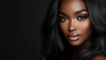 Fototapeta premium A close-up portrait of a beautiful black woman with long shiny hair and make-up . Haircare, beauty and cosmetics concept.