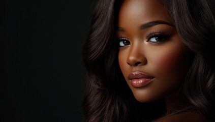Fototapeta premium A close-up portrait of a beautiful black woman with long shiny hair and make-up . Haircare, beauty and cosmetics concept.