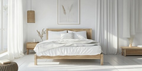 Scandinavian Inspired White Bedroom Featuring a Cozy Wooden Bed Frame and Minimalist Decor