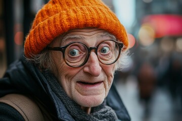 Elderly man with an orange beanie and distinctive glasses smiles warmly in a bustling urban environment during the day
