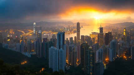 Fototapeta premium Beautiful Hong Kong skyline at sunrise with vibrant colors over the harbor, showcasing iconic skyscrapers, buildings, and the tranquil water reflecting the morning light.