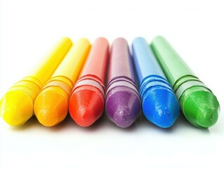 Vibrant Colorful Crayons Lined Up on a White Surface for Creative Art and Craft Activities with Children and Adults