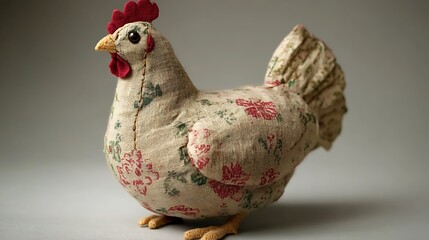 Hand sewn stuffed hen with visible stitching