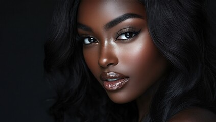 Fototapeta premium A close-up portrait of a beautiful black woman with long shiny hair and make-up . Haircare, beauty and cosmetics concept.
