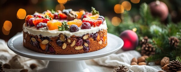 A beautifully decorated fruit cake on a white porcelain plate with vibrant fruits and elegant frosting details.