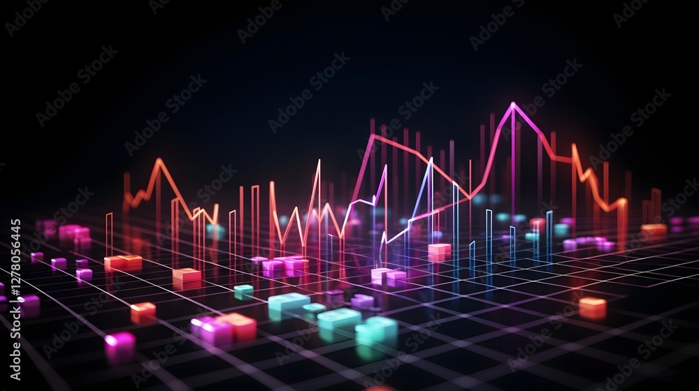 Poster a striking 3d rendered graph displaying the dynamic trends of the cryptocurrency market glowing neon