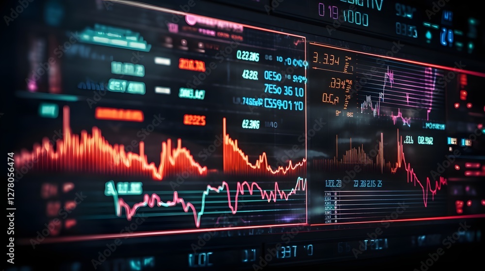 Poster futuristic digital market interface displaying real time cryptocurrency price fluctuations and analy