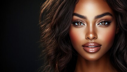 Fototapeta premium A close-up portrait of a beautiful black woman with long shiny hair and make-up . Haircare, beauty and cosmetics concept.