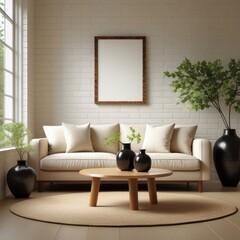 Empty frame mockup in farmhouse living room interior background, poster frame mockup design, mockup frame