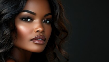 Fototapeta premium A close-up portrait of a beautiful black woman with long shiny hair and make-up . Haircare, beauty and cosmetics concept.