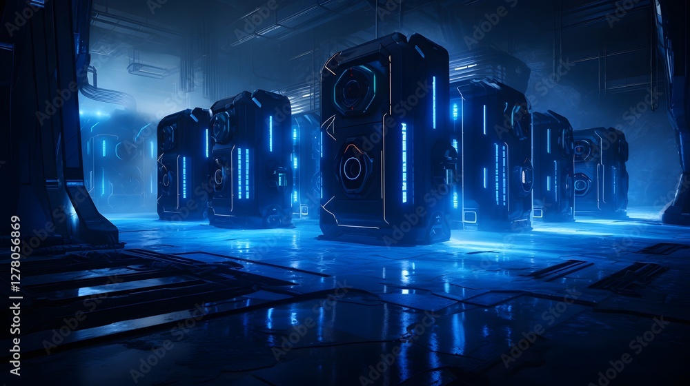 Poster futuristic data center with rows of glowing blue cryptocurrency mining rigs showcasing the advanced 