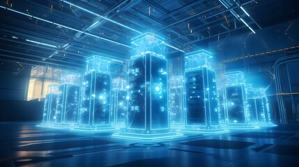 Futuristic data center filled with glowing cryptocurrency mining rigs in cool blue lights showcasing the innovative and high tech nature of the digital finance industry