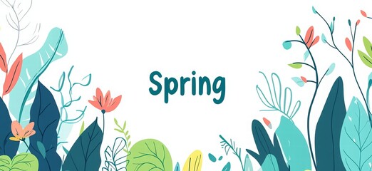 Fototapeta premium Spring banner background with abstract leaves and plants. springtime nature landscape for social media, web design, or presentation background. hand-drawn line art of spring leaves and plants. 