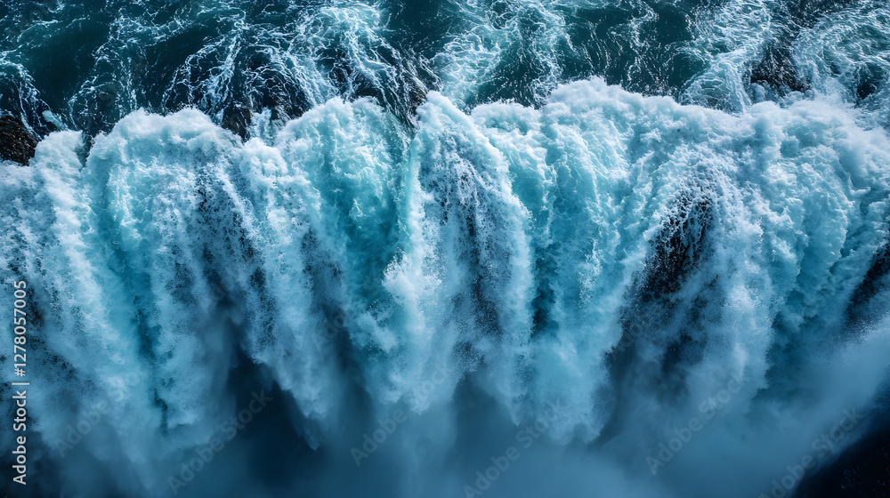 Poster vibrant ocean waves crashing, dynamic white foam creating mesmerizing patterns in deep blue water, p