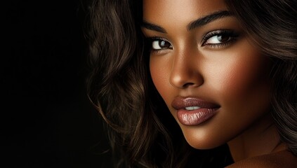 Fototapeta premium A close-up portrait of a beautiful black woman with long shiny hair and make-up . Haircare, beauty and cosmetics concept.