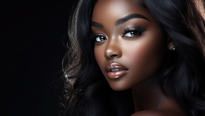 Fototapeta premium A close-up portrait of a beautiful black woman with long shiny hair and make-up . Haircare, beauty and cosmetics concept.